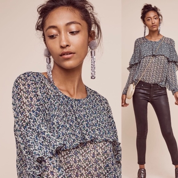 ANTHROPOLOGIE Sunday in Brooklyn Forget-Me-Not Sheer Printed Ruffle Top- Medium - Picture 2 of 16